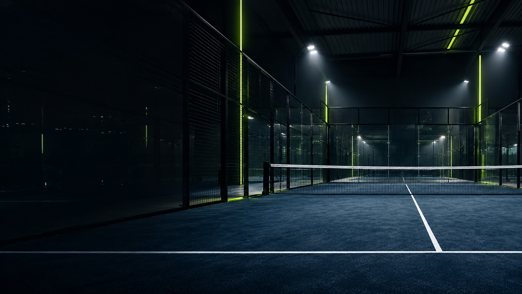 Dunkler Indoor-Padelplatz mit grüner Beleuchtung